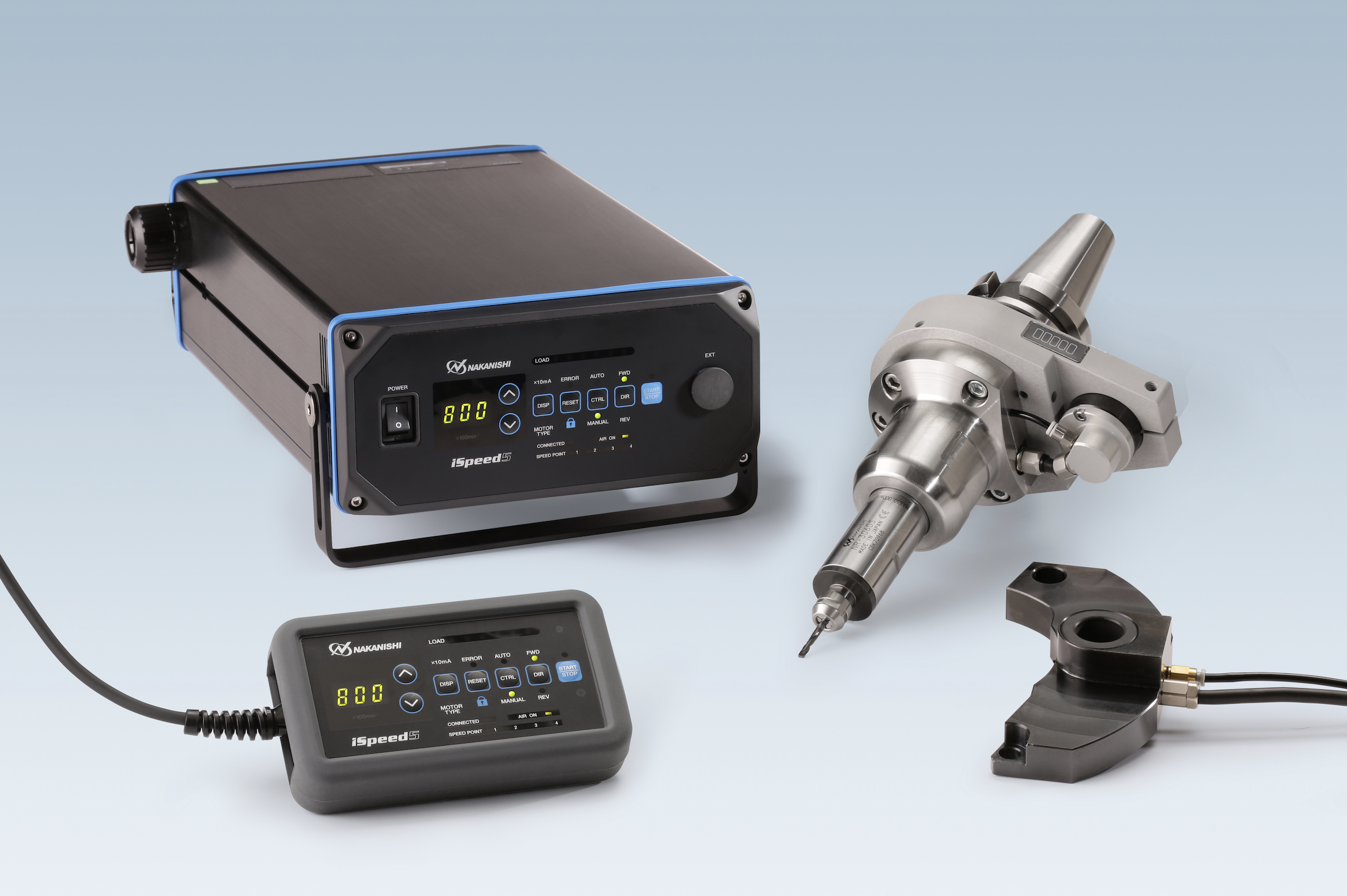 The iSpeed5 from NSK America provides spindle speeds of 60,000 to 80,000 RPM. There’s no need for external lines or cords, thanks to a stop block attached to the spindle face (at right). (Image courtesy of NSK America)